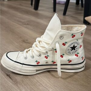 Converse Cream High Top Sneakers with Red Cherry Embroidery